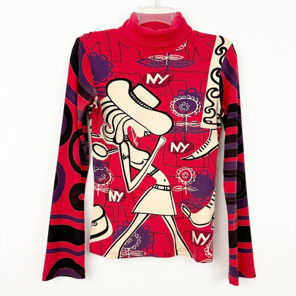 Custo Barcelona Graphic Turtleneck Top Size M Red Lady Cotton Long Sleeve Tee - Picture 1 of 9